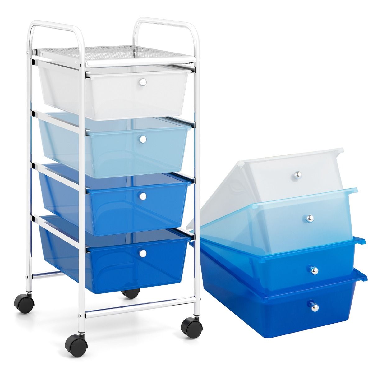 Coast Aufbewahrungswagen mit 4 Schubladen – Metallgestell – fahrbar – Schwarz/Bunt/Gelb/Transparent