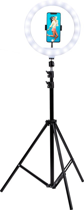Grundig Ringlampe mit Stativ – Verstellbare Ringlampe bis zu 195 cm – TikTok-Lampe mit Handyhalterung – Selfie-Ringlampe – Ringlampe mit 3 Lichtmodi – Make-up-Lampe