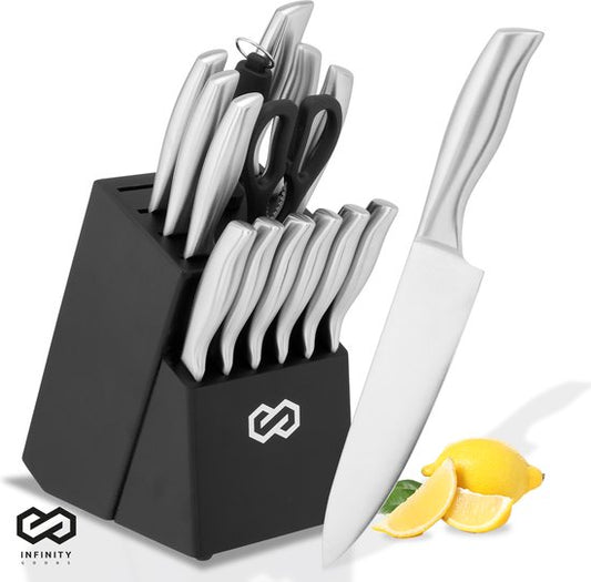Infinity Goods - Messerset mit Messerblock - 16 Teile - mit Block, Messerschärfer und Schere - kratzfest - Edelstahl - Silber/Schwarz