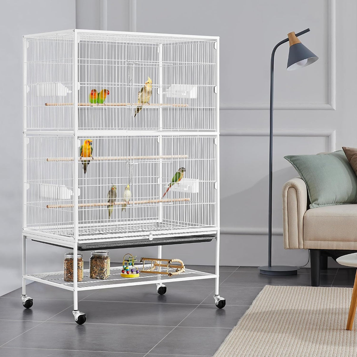 Yaheetech Vogelkäfig mit Ständer – 79 × 51,8 × 132 cm – Weiß – Sittichkäfig mit Rollen, 3 Sitzstangen aus Holz und 4 Futternäpfen