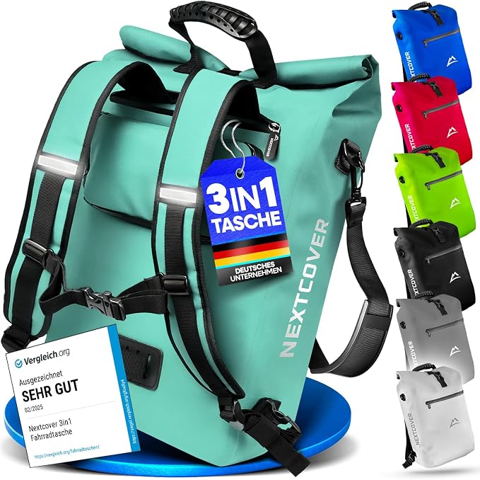 Nextcover 3-in-1-Fahrradtasche, Rucksack und Umhängetasche, 25 Liter – wasserdicht und PVC-frei – mit Laptopfach – für E-Bikes geeignet – Coin