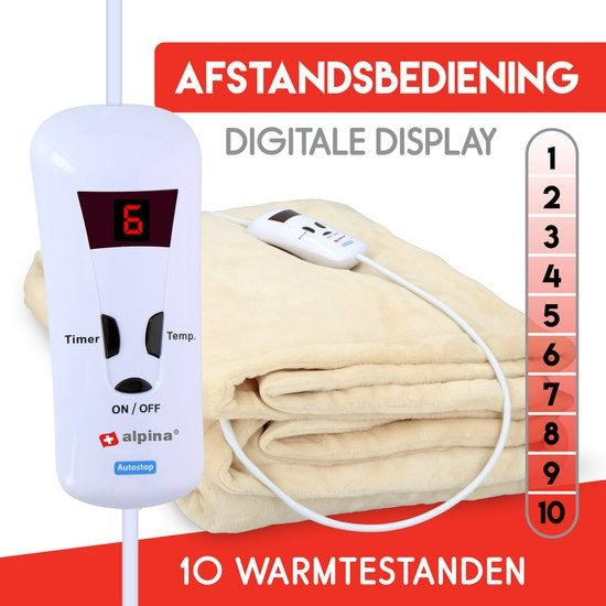 Alpina Heizdecke - Elektroheizung - 1 Person - Flanell - mit Zeitschaltuhr - 10 Heizstufen - 130x180 cm - Beige
