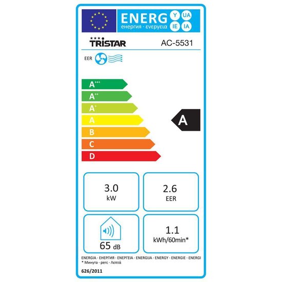 Tristar AC-5531 Mobile Klimaanlage 10.500 BTU – 3-in-1-Gerät: Klimaanlage, Ventilator und Luftentfeuchter – Für Räume bis zu 38 m² – Timer und Fernbedienung – Weiß