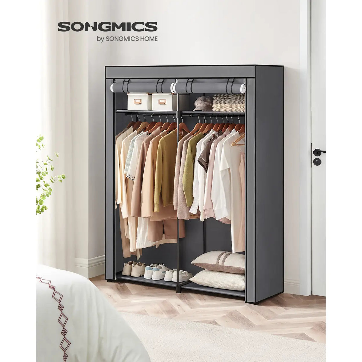 Joyfurnos Faltbarer Stoffkleiderschrank mit doppelter Kleiderstange – 2 Türen – 43 x 140 x 174 cm – Grau