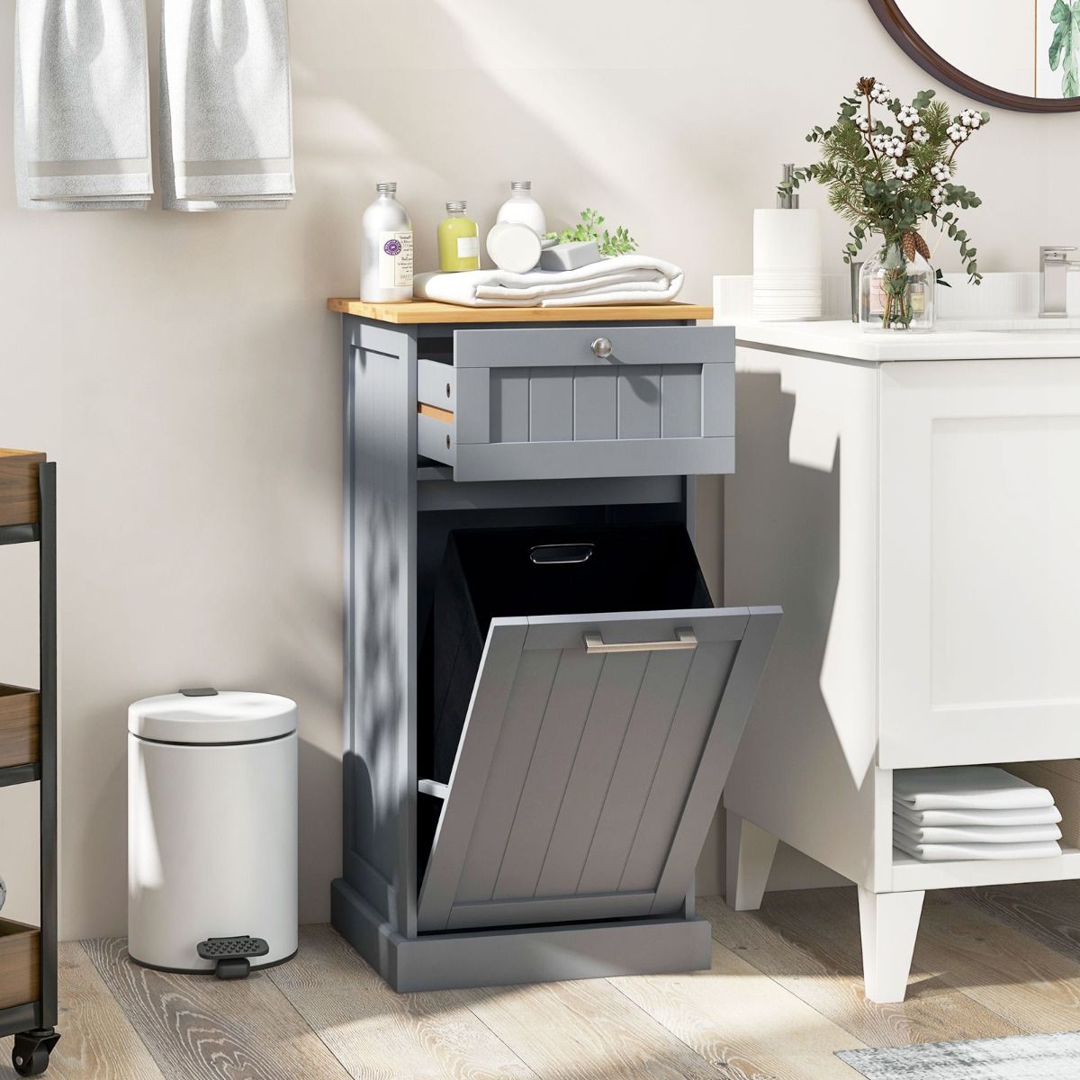 Coast Kleiderschrank mit Wäschekorb – Schublade und Stauraum – Bambus und MDF – weiß und natur – 40 x 37 x 82 cm