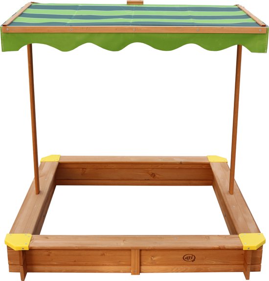 AXI Lily Holzsandkasten mit verstellbarem Dach in Braun/Grün – Mit Sitzbänken, Bodenplane und Schutzhülle – FSC-zertifiziertes Holz – 118 x 118 cm