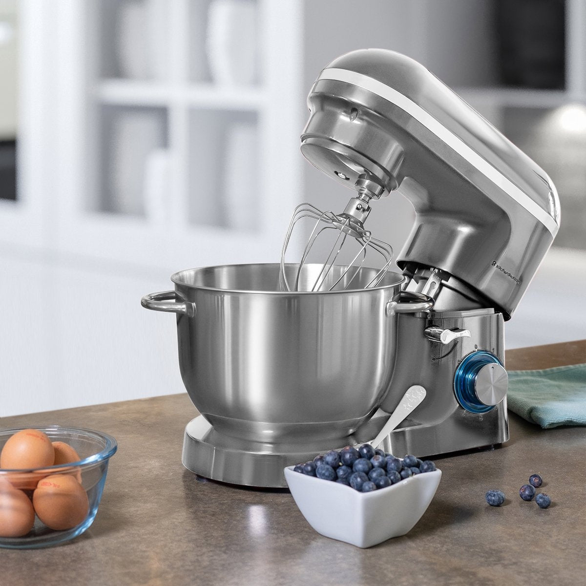 KitchenBrothers Küchenmaschine - Küchenmixer mit 6L-Edelstahl-Mixschüssel - Küchenroboter - 1400W - Silber