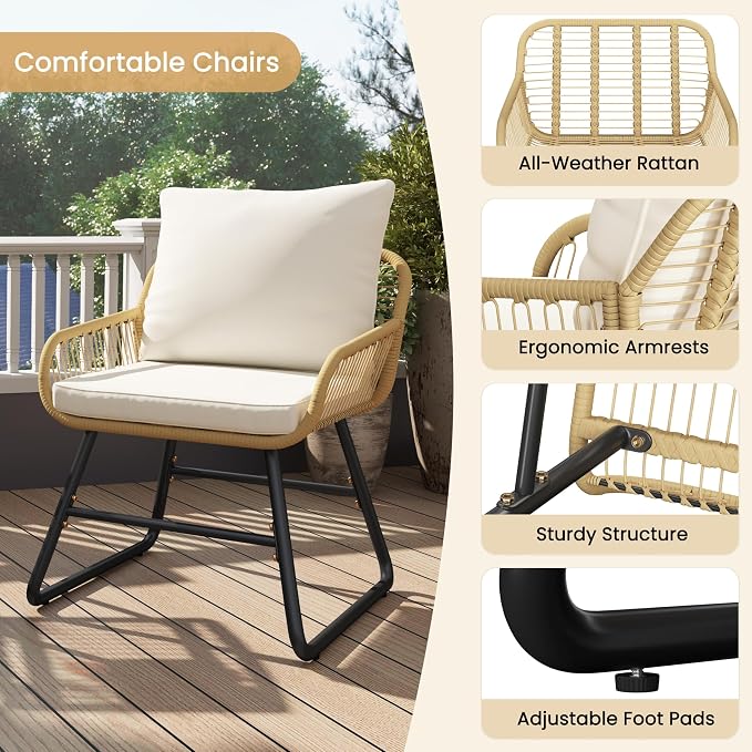 Yaheetech 3-teiliges Bistro-Set – inklusive Kissen und Glastisch – Beige/Creme