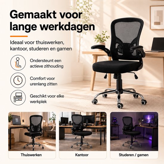 Infinity Goods Ergonomischer Bürostuhl – Office Chair – 4D-Lendenwirbelstütze & Netzbezug – Klappbare Armlehnen – Bis zu 150 kg – NEN-EN1335 – Schwarz