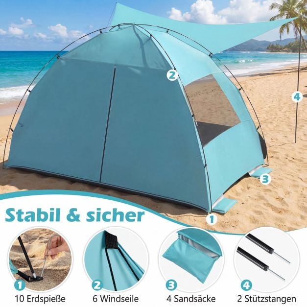 Coast Strandzelt 260 × 150 × 160 cm – Strandzelt mit Markise, UPF 50+ UV-Schutz, Netzfenstern und Tragetasche – Blau