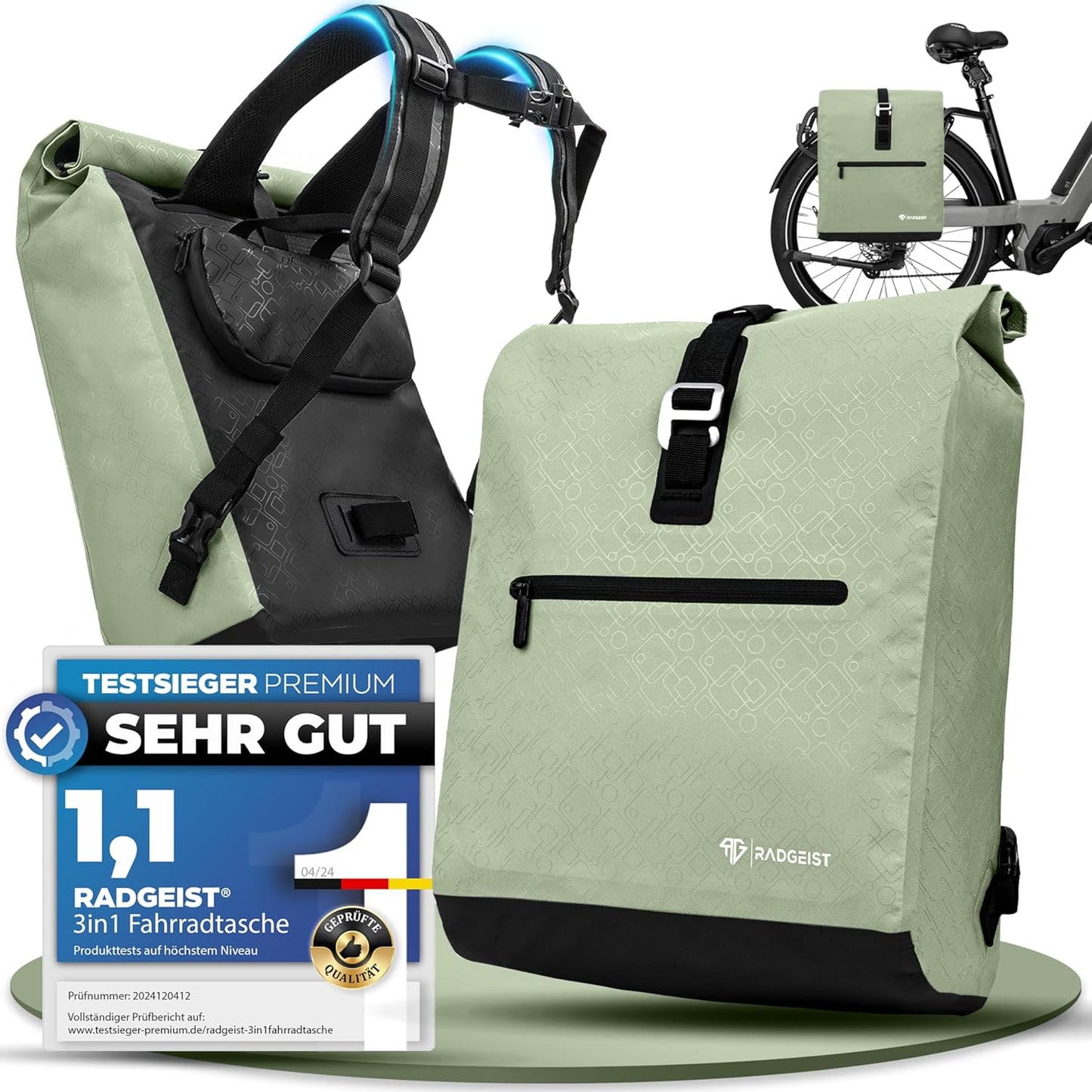 RADGEIST Fahrradtasche für Gepäckträger - Fahrradtasche & Rucksack - Für Frauen & Männer - 20L - Mint
