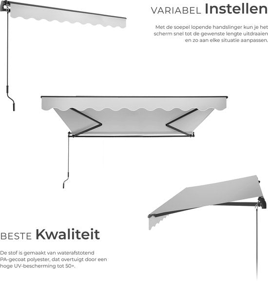 tectake® Sonnenschirm mit Gelenkarm - 300 x 250 cm - Markise - Sonnenschutz für Fenster, Balkon, Außenbereich - Wandmontage - Wasser- und UV-beständig - Hellgrau