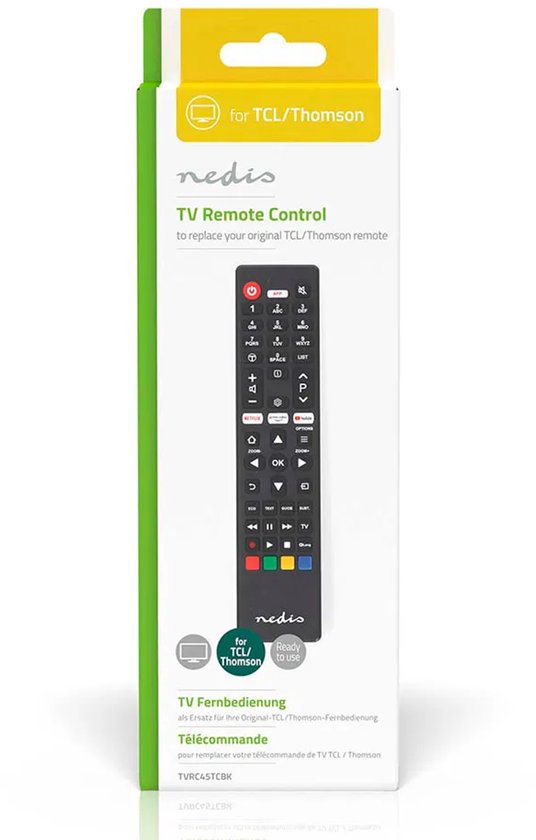 Nedis Ersatzfernbedienung – Geeignet für: TCL/Thomson – Vorprogrammiert – 1 Gerät – Amazon Prime-/Netflix-Taste/YouTube-Taste – Infrarot – Schwarz