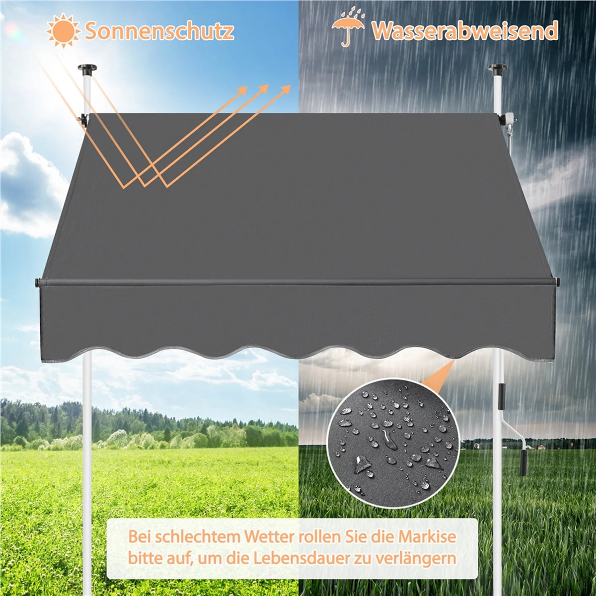Yaheetech Klemmsonnenschirm mit Handkurbel - mit höhenverstellbaren Teleskopstangen und wasserabweisendem Tuch und Schutzfüßen - für Balkon und Terrasse - dunkelgraues Polyester und Metall - 150 x 180 x 210-300 cm