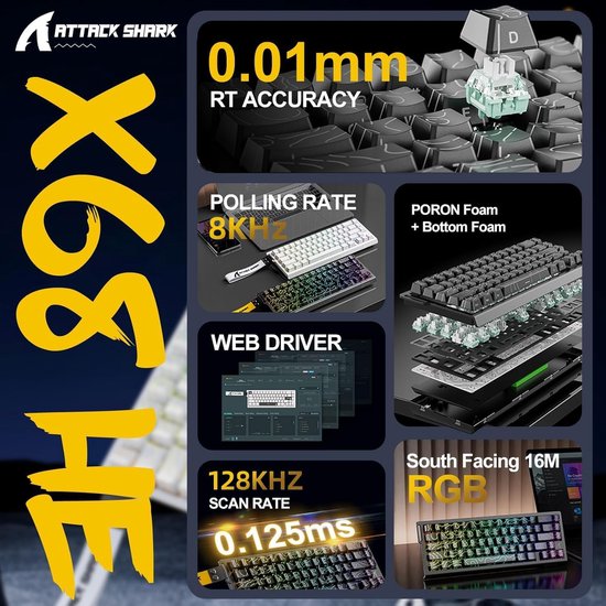 ATTACK SHARK X68HE - Magnetschalter kabelgebundene Gaming-Tastatur - 66 Tasten - RGB - PBT-Tasten mit Seidendruck - Zierstreifen - 8Khz - 0.01mmRT - 0.125ms - weiße Konturlinie