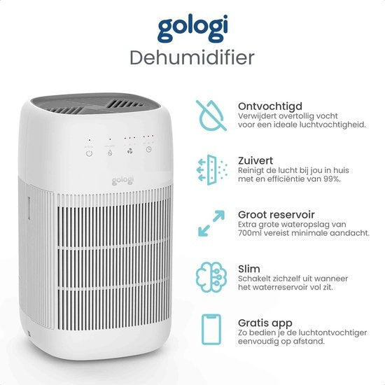 Gologi Luftentfeuchter und Luftreiniger - Luftentfeuchter - Große Kapazität - Extra leise - 750ml/Tag - HEPA 13 Filter - Schlafzimmer, Badezimmer, Keller etc.