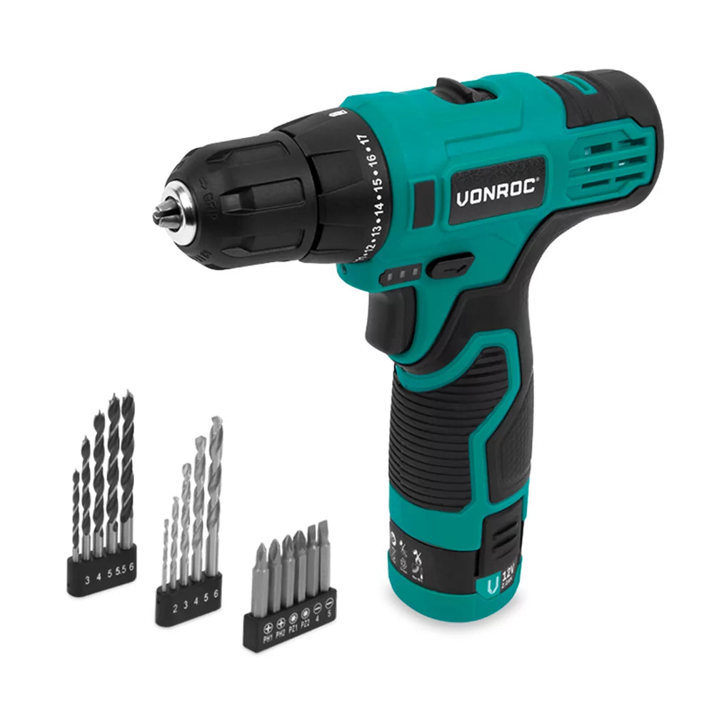 Vonroc Akku-Bohrmaschine 12 V – Mit 2,0-Ah-Akku, USB-C-Kabel und 16-teiligem Bohrer- und Bitsatz