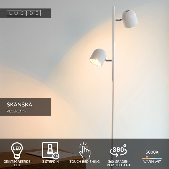 Lucide SKANSKA – Stehlampe – LED 3-Stufen-Dimmer – 2×5 W, 3000 K – Weiß