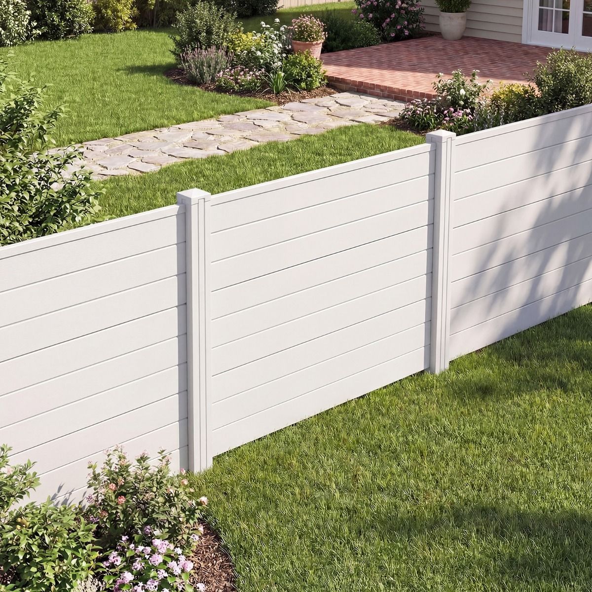 Coast Gartenzaun mit Sichtschutz – 2 Paneele – wetterbeständiger Lamellenzaun – 3 Metallpfosten – Weiß/Schwarz/Braun