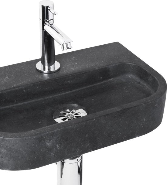 Differnz Oval Small Fountain Set - Spülbecken Naturstein - Schwarz - Gerader Wasserhahn - Chrom - Standard-Griff - 38 x 24 x 8 cm