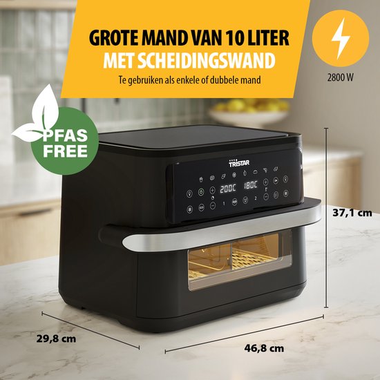 Tristar Airfryer FR-9432 – 10 l – Dual Zone Flex – Sichtfenster – 8 Vorprogramme – Snackverteiler – 2800 W
