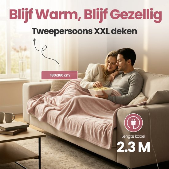 STAUS&BACH Heizdecke 3XL - 2 Personen Oberdecke - Doppelseitige Fleece Sherpa Wärmedecke - Champagner rosa - 180x160 cm PowerNap