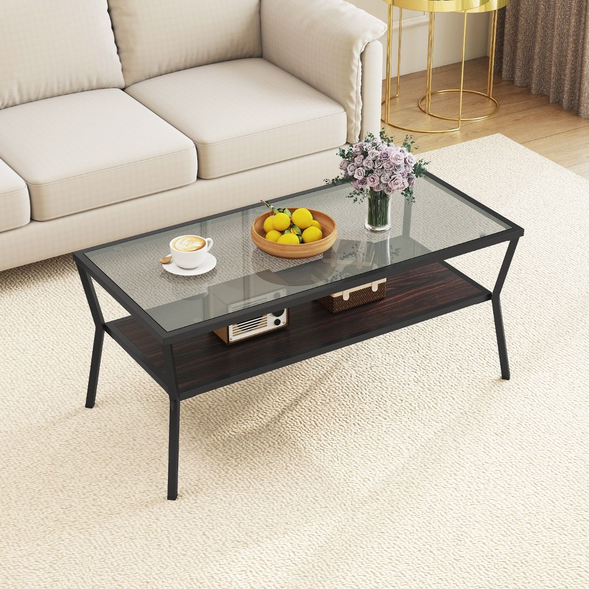 Coast Couchtisch, rechteckig – Tischplatte aus gehärtetem Glas – Metallgestell – grau und schwarz