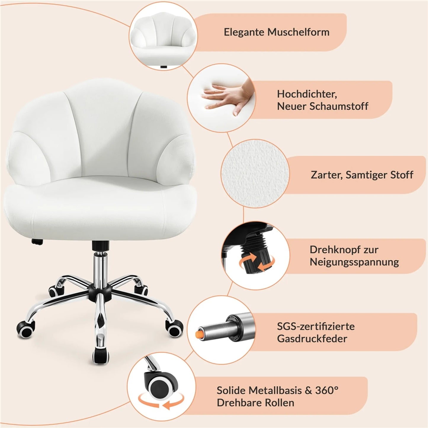 Yaheetech Bürostuhl Shell-Shaped - Features Swing-Funktion und höhenverstellbare Gaslift und gepolsterte Rückenlehne - für Home-Office und Schlafzimmer - Weiß Polyester und Metall - 60 x 60 x 76,5-86 cm