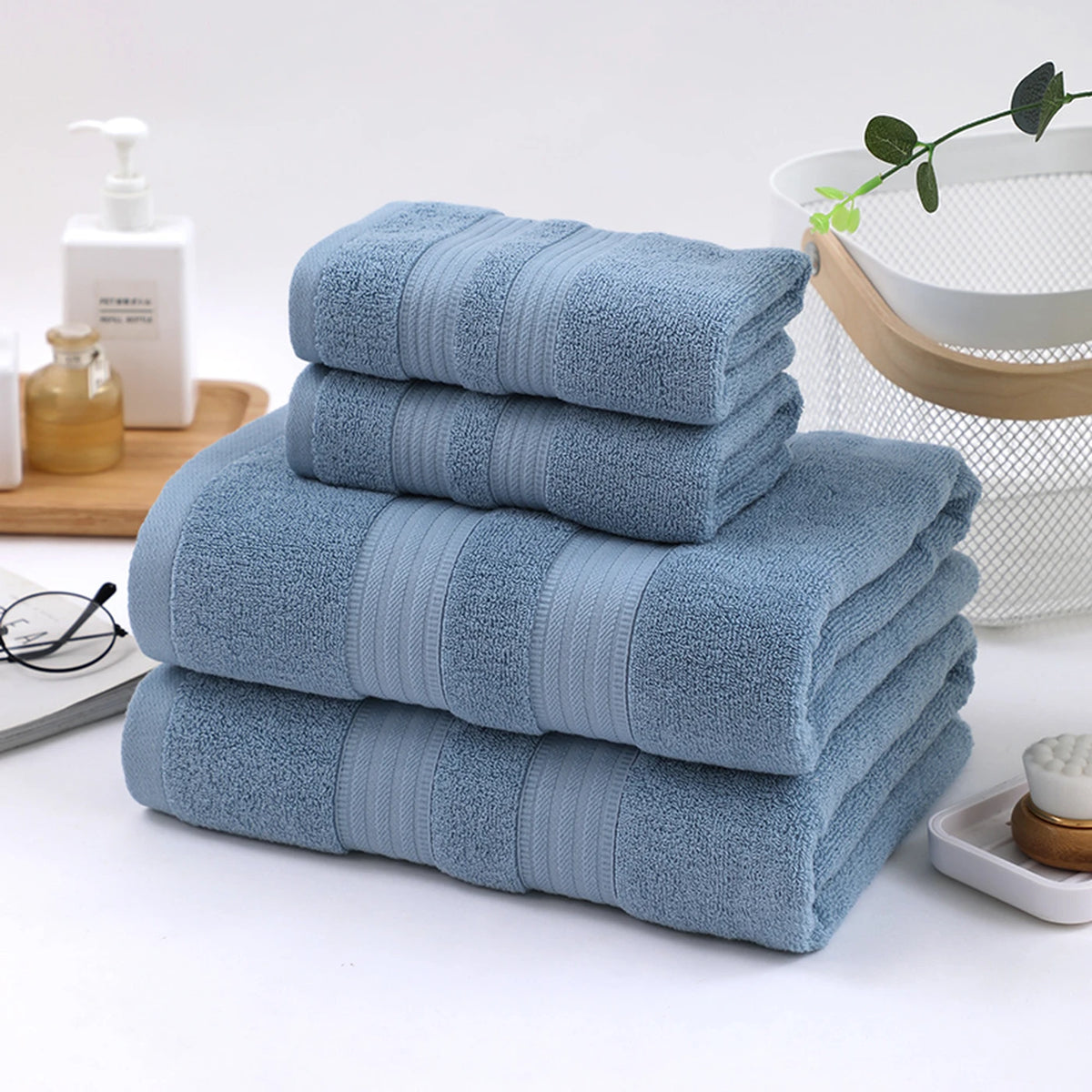 Tuqiang Badetuch-Set, 4er-Set – Blau – 100 % Baumwolle, gebürstetes Garn