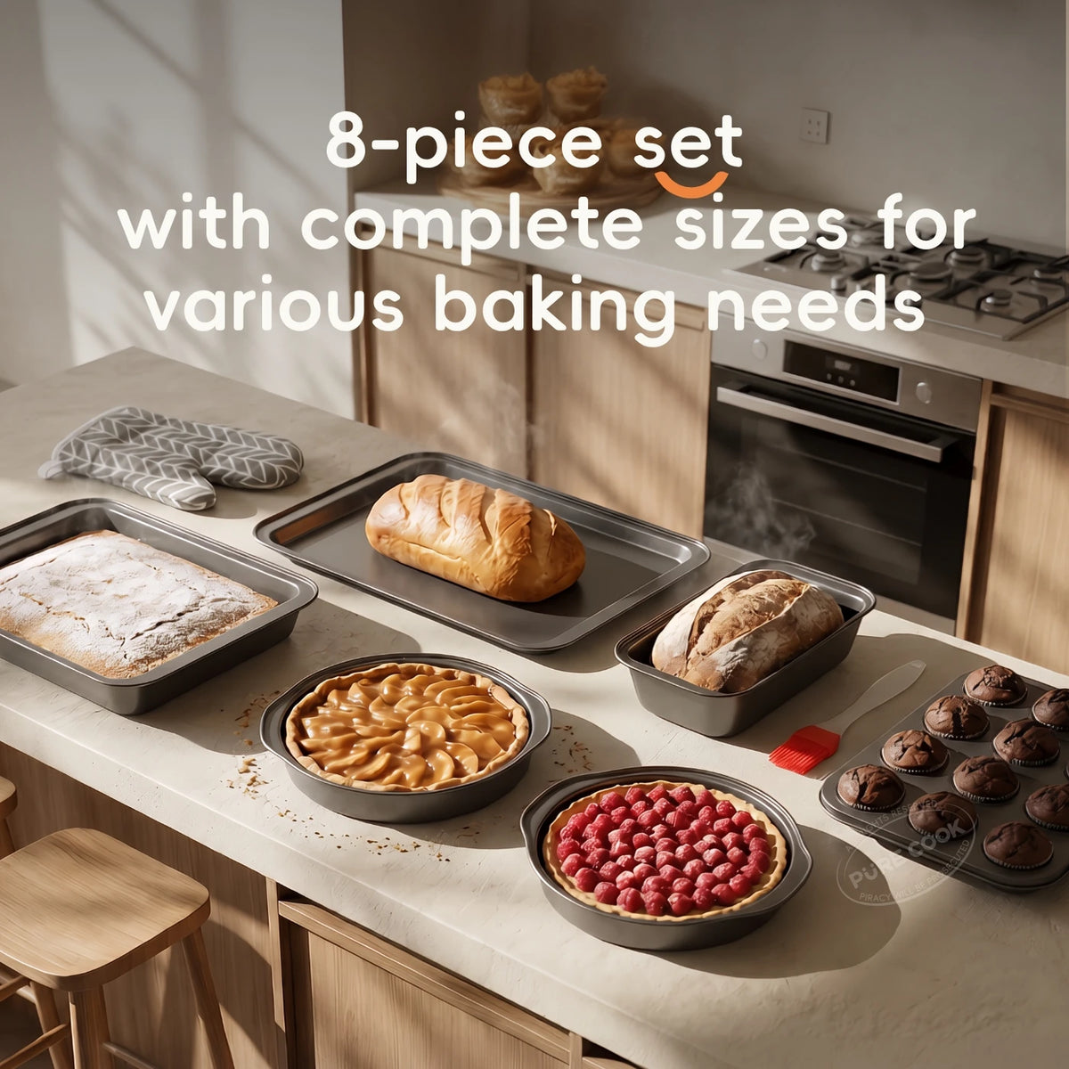 PURE COOK 8-teiliges Backset – Grau – Antihaft-Kohlenstoffstahl – Kuchenformen, Brotform, Muffinform, Backblech