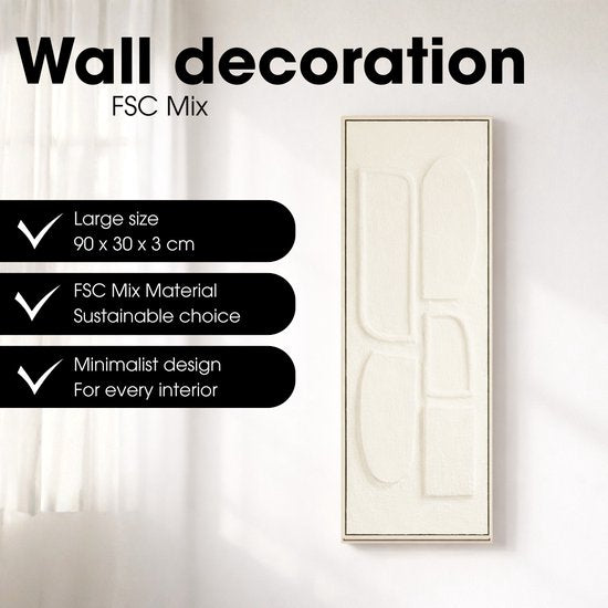 Mica Decorations Wanddekoration – Wandpaneel mit abstrakter Kunst, 90 x 30 x 3 cm – Wohnaccessoire für Wohnzimmer oder Schlafzimmer – Off-White