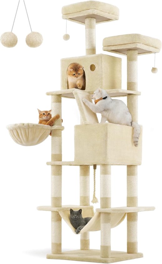 Markenloser XXL-Kratzbaum 206 cm – Beige – 13 Kratzstämme, 2 Plattformen und Hängematte