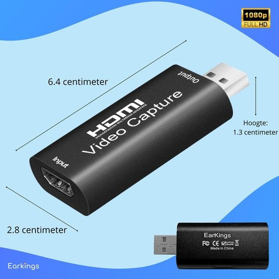 EarKings HDMI zu USB Adapter - Video Capture - geeignet für PlayStation, Xbox, Nintendo, Windows, MAC - Schwarz
