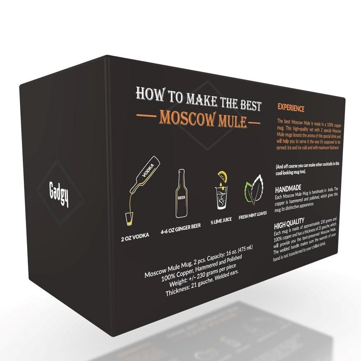 Gadgy Moscow Mule Cups Set - 100% Kupfer - Cocktail-Set : 2 Cocktailgläser, 2 Strohhalme & 1 Bar-Maß