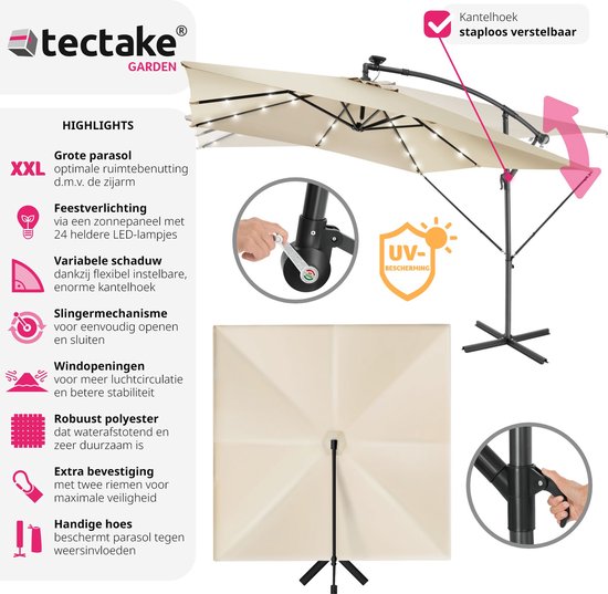 tectake - Sonnenschirm 250cm mit Solar Led Beleuchtung - Sonnenschirme - Schwebender Sonnenschirm - Solarenergie - Inkl. Solarpanel - Gartenbeleuchtung - beige