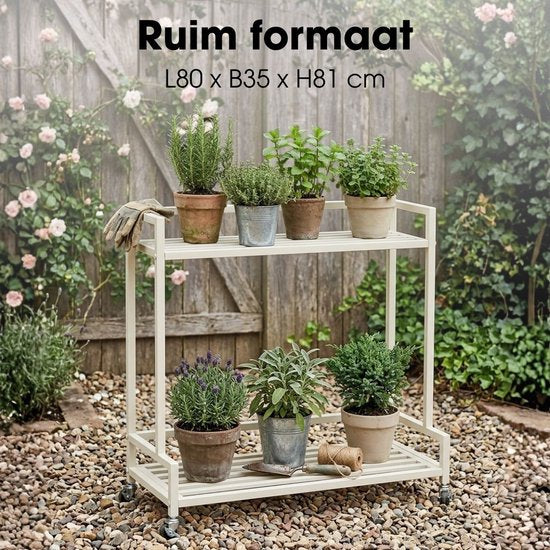 Mica Decorations Greenrax Pflanzenregal auf Rädern – Pflanzenständer für Zimmerpflanzen, Außenpflanzen oder Gartengeräte – Mehrere Ablagen, Pflanzenuntersetzer – 80 x 35 x 81 cm – Eisen – Off-White