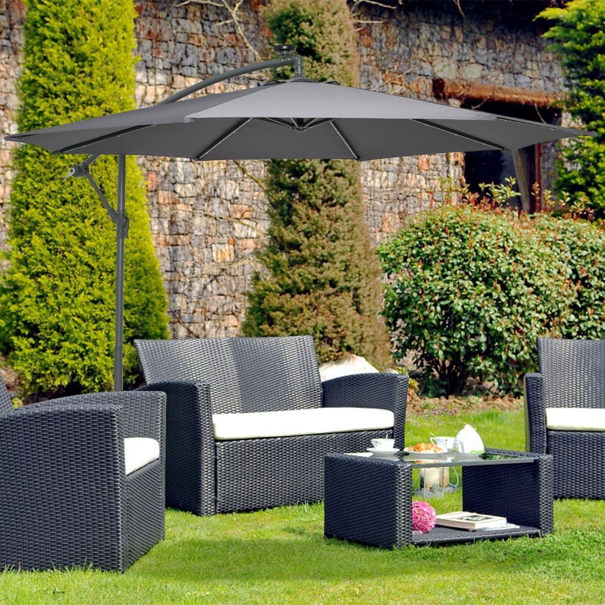 Coast Gartenschirm mit LED-Beleuchtung – 3 Meter – Neigbar – Inklusive Sandsäcke – Dunkelblau