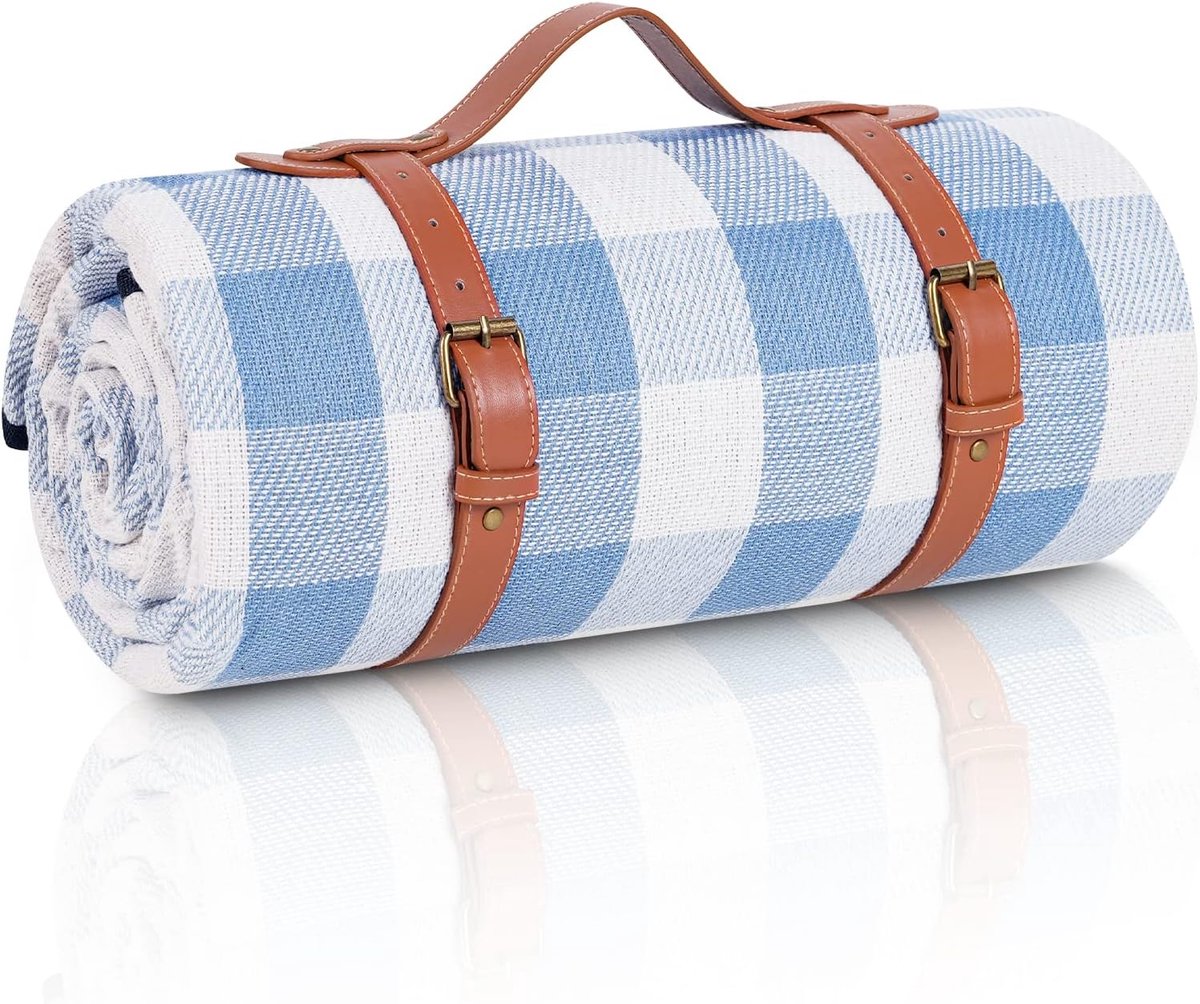 Picknickdecke XXL mit wasserdichter Unterseite – 200 x 200 cm – Ledergriff – Himmelblau/Weiß