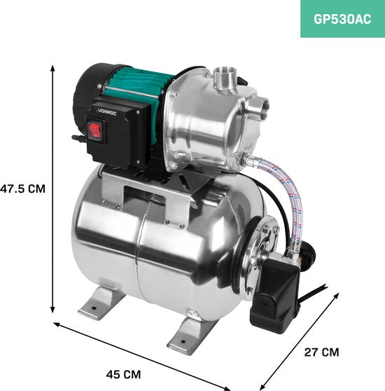 VONROC Hydrophor-Pumpe / Hydrophor-Set mit Druckschalter - 1000W - 3500l/h - 19L Edelstahltank - Pumpengehäuse aus Edelstahl