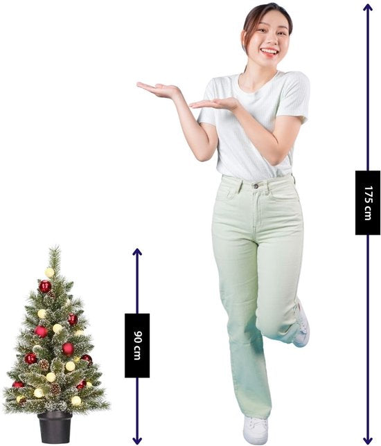 Black Box Trees Kaprun Kunstweihnachtsbaum mit Beleuchtung – Kunstweihnachtsbaum H 90 x Ø 51 cm – im Topf mit Dekoration – Grün, Rot, Frosted