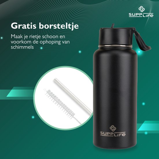 Supplife Luxus-Thermosflasche / Trinkflasche aus Edelstahl – 1 Liter – BPA-frei und auslaufsicher – Trinkflasche mit Strohhalm – Doppelwandige Isolierung – Thermosbecher – Ausgießverschluss und Verschluss mit Strohhalm – Inklusive Reinigungsbürste – Schwa