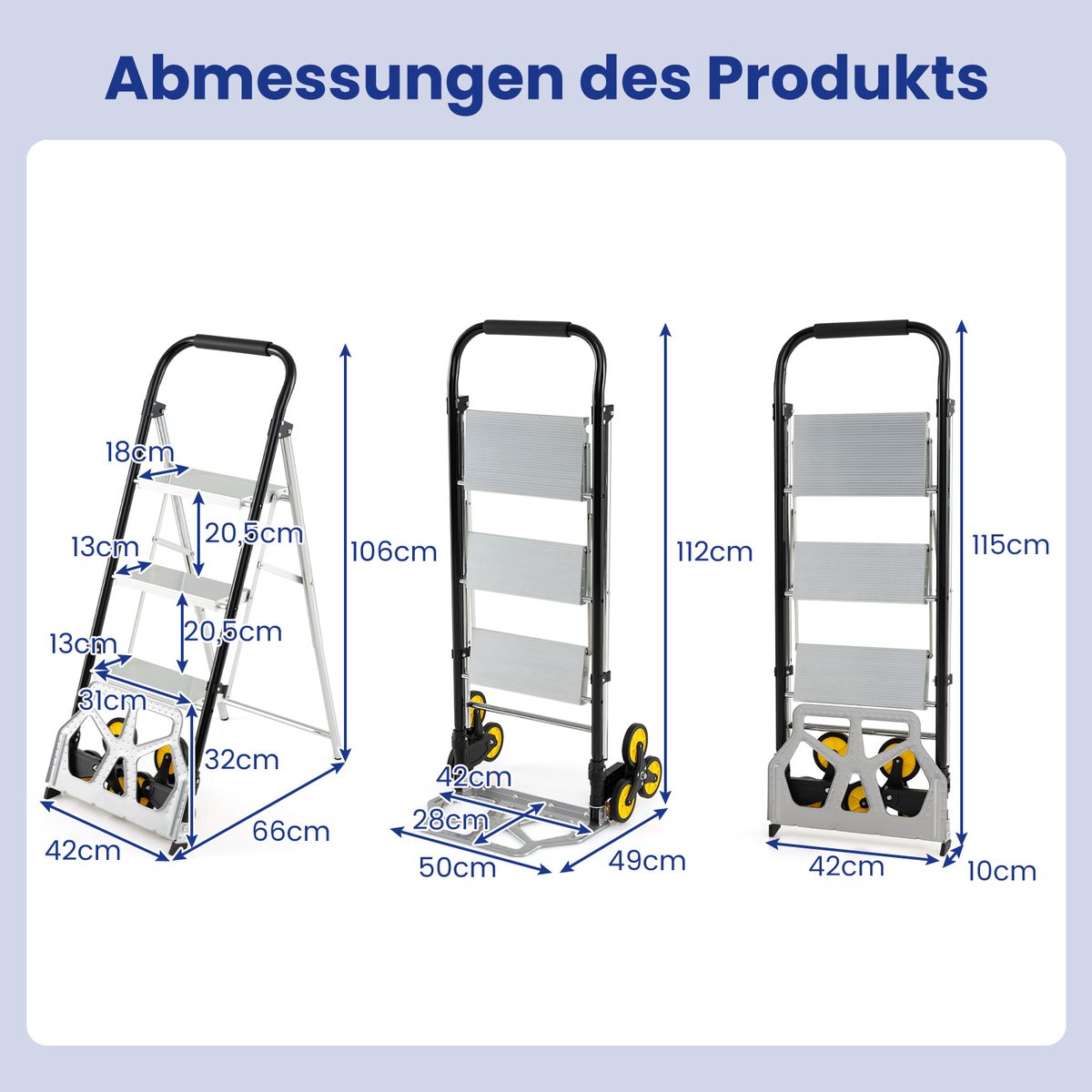 Coast – Zusammenklappbarer 2-in-1-Transportwagen und Dreistufen-Leiter – Aluminium – für hohe Belastungen – silber/schwarz