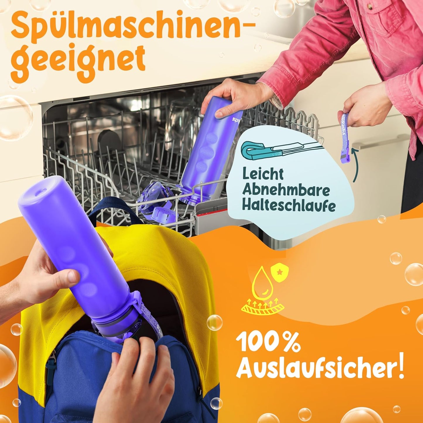 Funkelfuchs® Trinkflasche für Kinder - 500ml, lila - mit Kohlensäure - 100% auslaufsicher - Trinkflasche spülmaschinenfest - für Kindergarten, Einschulung, Schule, Sport