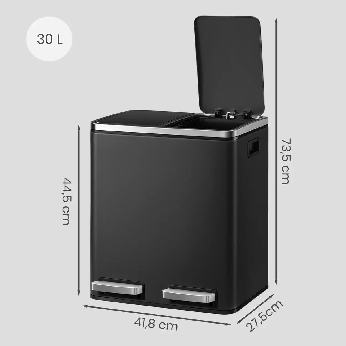 Joyfurnos Doppel-Treteimer – Schwarz – 2 x 15 Liter – Softclose-Deckel – Stahl – 41,8 x 35,9 x 44,5 cm