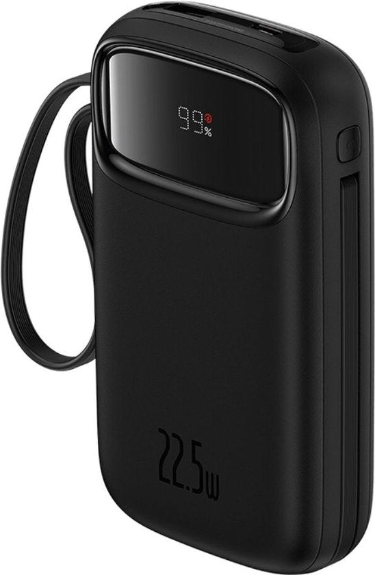 Baseus 10.000-mAh-Powerbank | Schnellladung mit 20 W über USB-C und USB-A | Reiseformat mit Display, schwarz | Universelle Powerbank, u. a. geeignet für Samsung und iPhone | Integriertes USB-C- und Lightning-Kabel