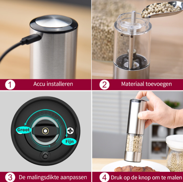 Cuisync Elektrisches Pfeffermühlen-Set – 2 Stück – Wiederaufladbar – Einstellbare Mahlstärke – Edelstahl – Silber
