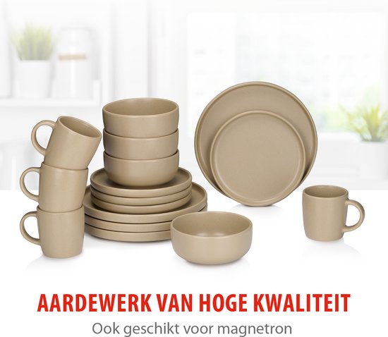 alpina Geschirrset 16-teilig - Geschirrset 4 Personen - Steingutgeschirr - Frühstücksteller, Essteller, Schüsseln und Becher - Mikrowellen- und spülmaschinenfest - Sand