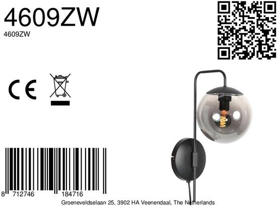 Wandleuchte Bollique 4609ZW – schwarze Wandleuchte aus Metall mit Rauchglas, E14-Fassung, trendiger Stil – Steinhauer