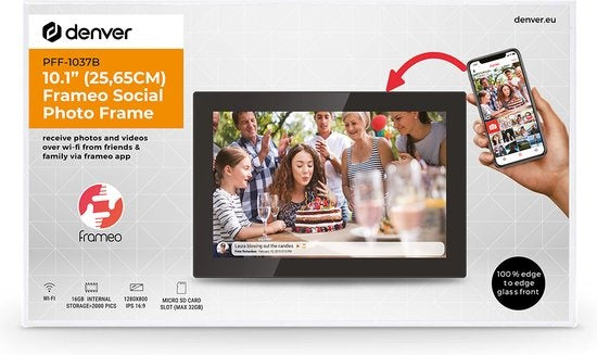 Denver Digitaler Fotorahmen - 10-Zoll-Glasdisplay - Frameo App - WiFi - IPS-Touchscreen - 16GB - Schwarz
