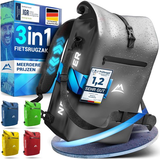 NEXTCOVER® NEW 3-in-1 Fahrradtasche für Gepäckträger [Aquashield] - Reflektierende Gepäcktasche wasserdicht - Rucksack und Umhängetasche [25 Liter]- Schwarz